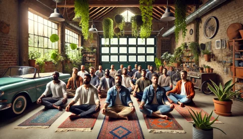 DALL·E 2025-02-03 17.26.11 - A diverse group of men from various ethnic backgrounds sitting together in meditation inside a transformed old car garage. The space has been converte.webp